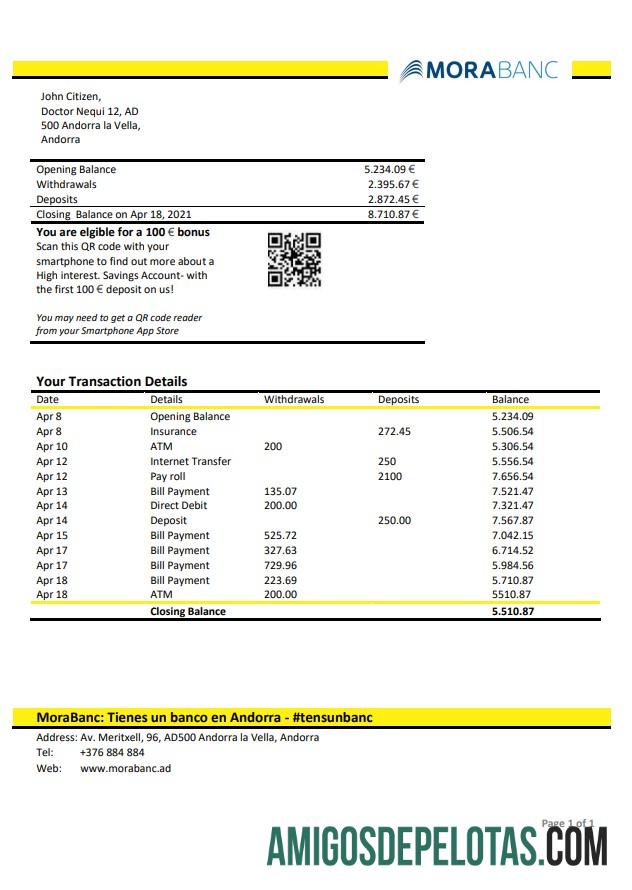 Exemplo de extrato bancário do Morabank de Andorra